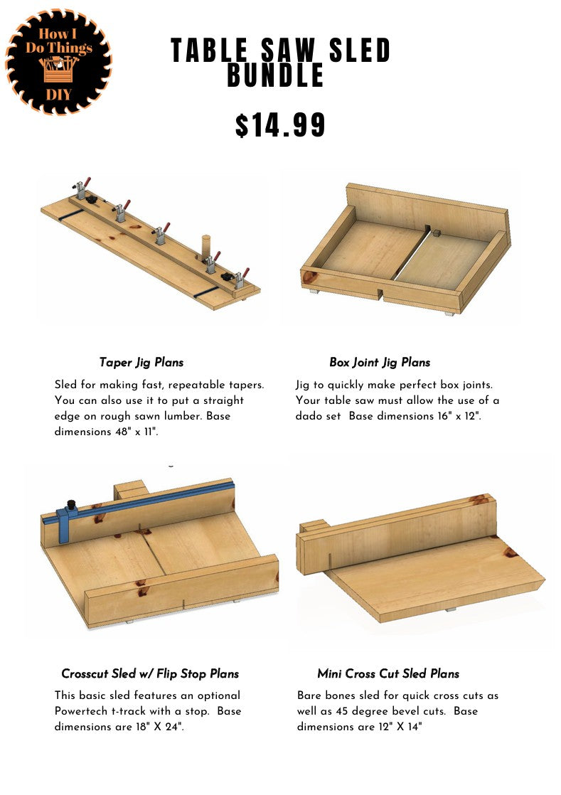 Essential Table Saw Jig Bundle – Taper Jig, Box Joint Jig, Full-Size & Mini Crosscut Sled Plans