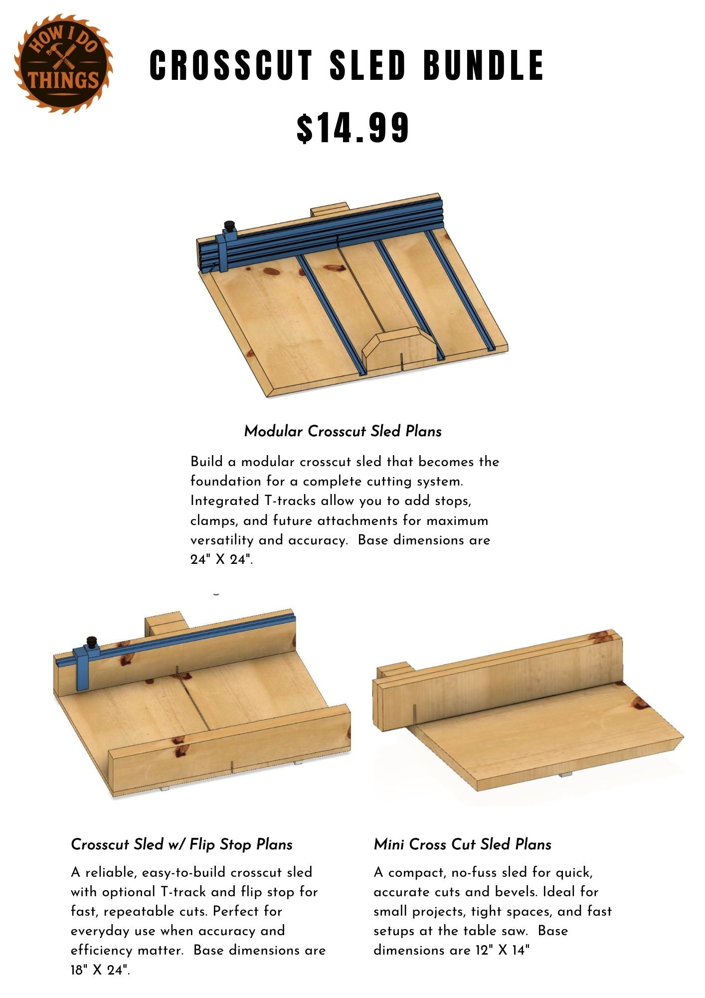 Crosscut Sled Plans Bundle | 3 DIY Table Saw Sleds (DWE7491 Compatible)