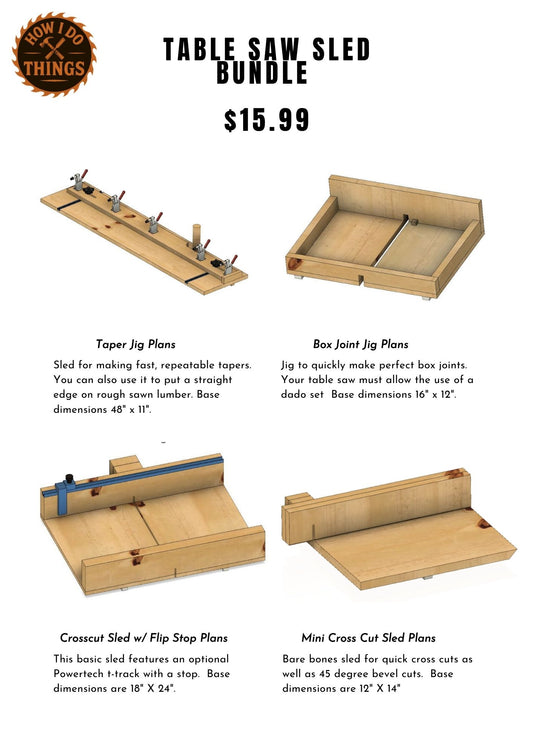 Essential Table Saw Jig Bundle – Taper Jig, Box Joint Jig, Full-Size & Mini Crosscut Sled Plans