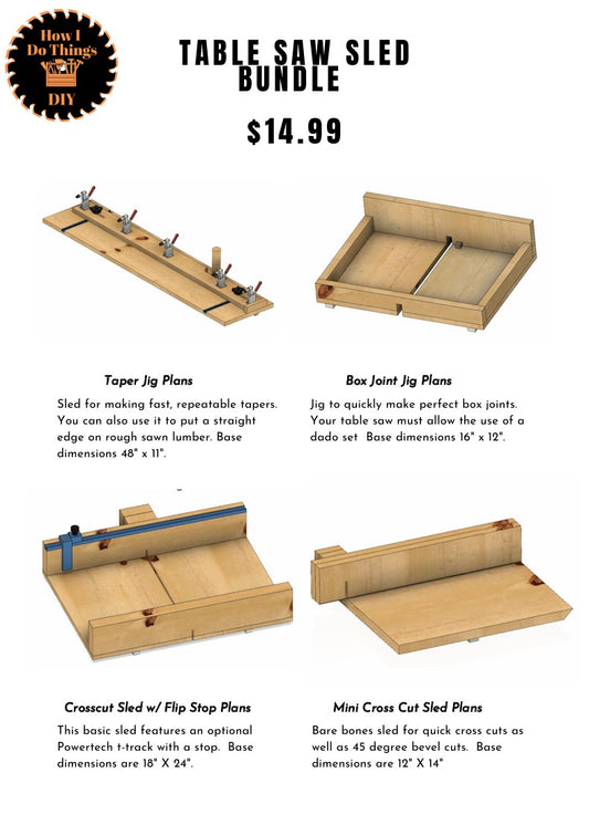 Essential Table Saw Jig Bundle – Taper Jig, Box Joint Jig, Full-Size & Mini Crosscut Sled Plans